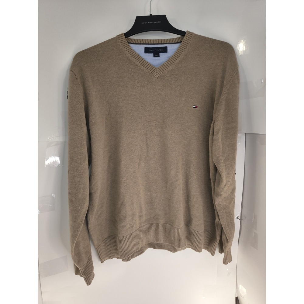 Tommy Hilfiger Mens Sweater Large Tan V Neck Cotton Knit Classic Logo Pullover